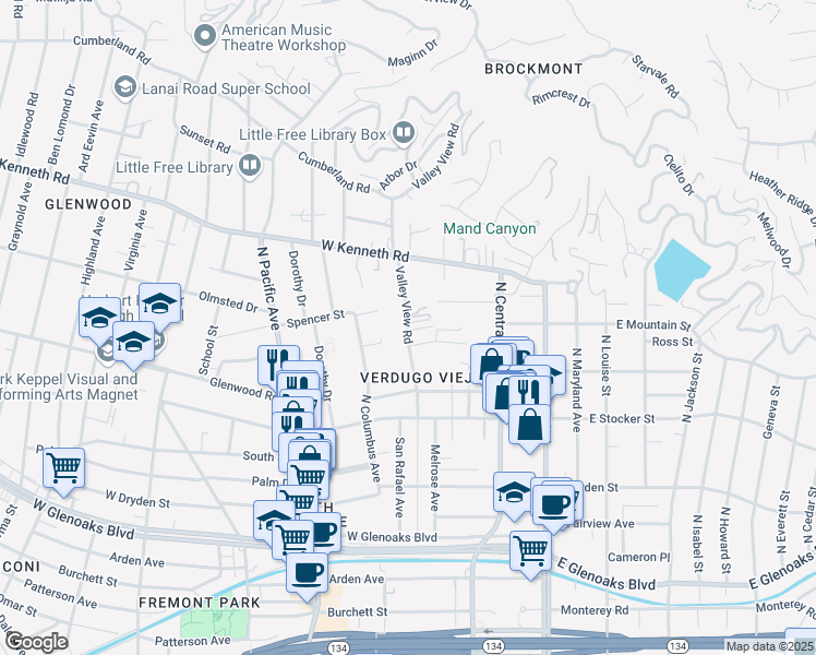 map of restaurants, bars, coffee shops, grocery stores, and more near 1333 Valley View Road in Glendale