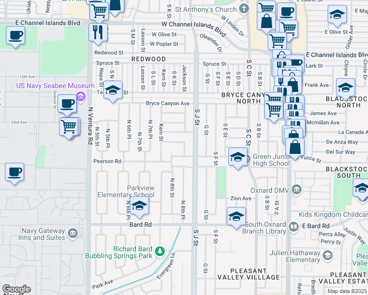 map of restaurants, bars, coffee shops, grocery stores, and more near in Oxnard