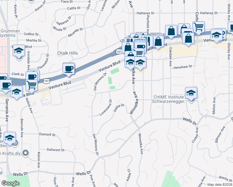 map of restaurants, bars, coffee shops, grocery stores, and more near 20164 Santa Rita Street in Los Angeles