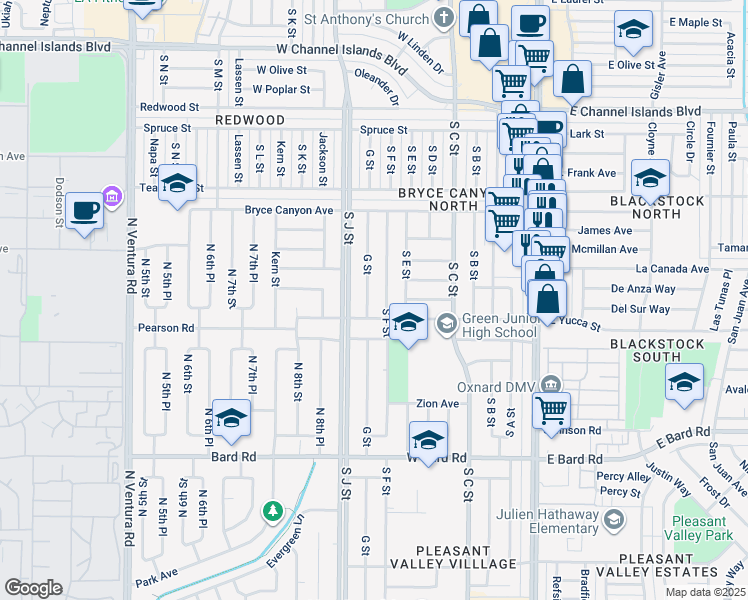 map of restaurants, bars, coffee shops, grocery stores, and more near 3620 South F Street in Oxnard