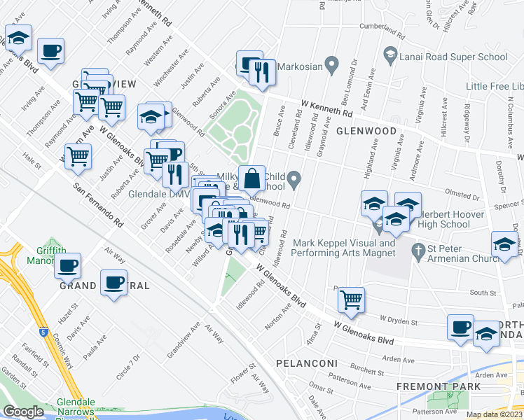map of restaurants, bars, coffee shops, grocery stores, and more near 1250 Bruce Avenue in Glendale
