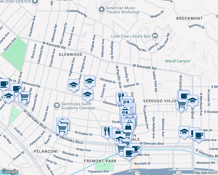 map of restaurants, bars, coffee shops, grocery stores, and more near 537 Spencer Street in Glendale