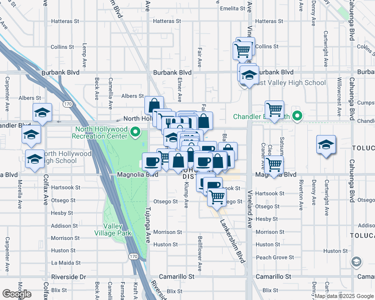 map of restaurants, bars, coffee shops, grocery stores, and more near 5280 Lankershim Boulevard in Los Angeles