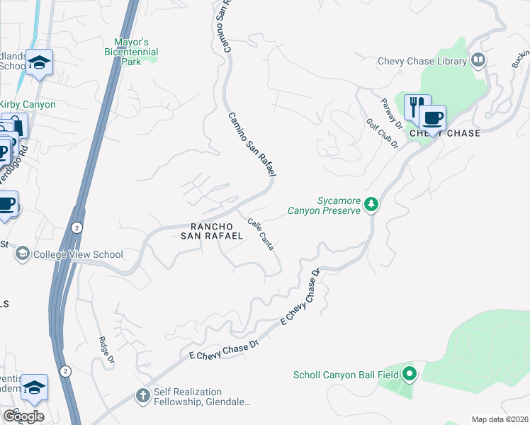 map of restaurants, bars, coffee shops, grocery stores, and more near 1928 Calle Dulce in Glendale