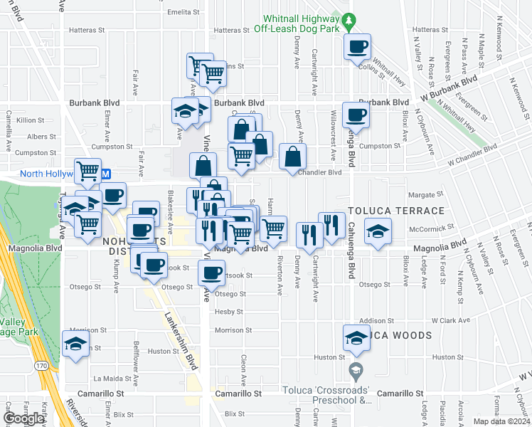 map of restaurants, bars, coffee shops, grocery stores, and more near 5261 Harmony Avenue in Los Angeles