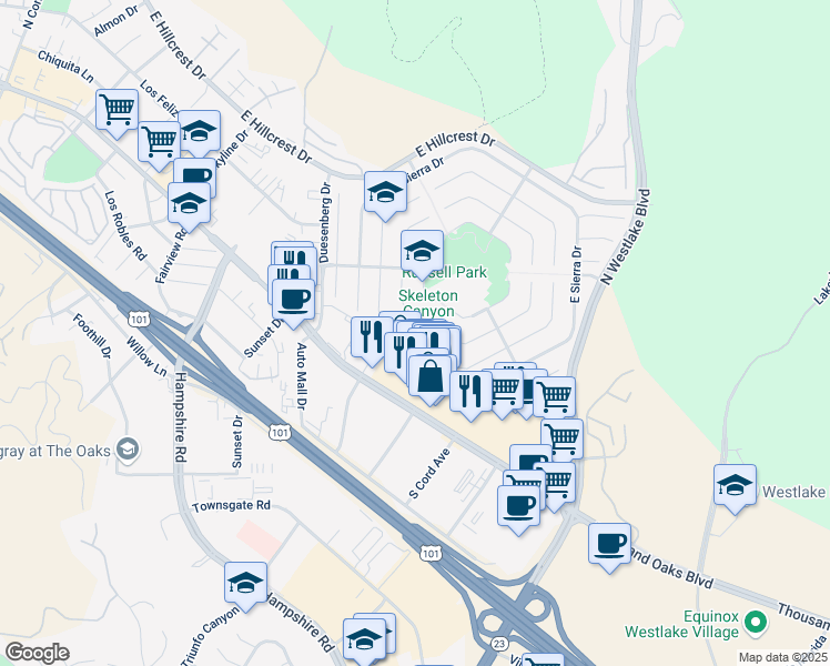 map of restaurants, bars, coffee shops, grocery stores, and more near 3355 Blue Ridge Court in Thousand Oaks