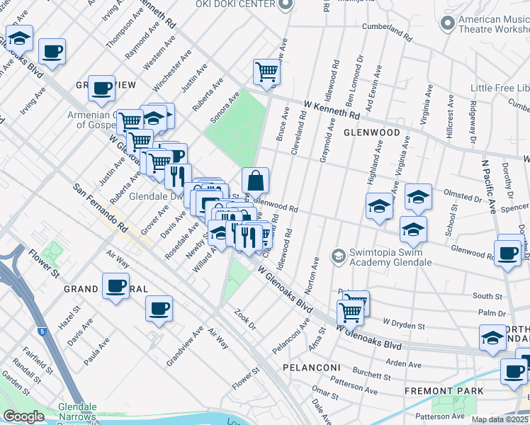 map of restaurants, bars, coffee shops, grocery stores, and more near 1250 Bruce Avenue in Glendale