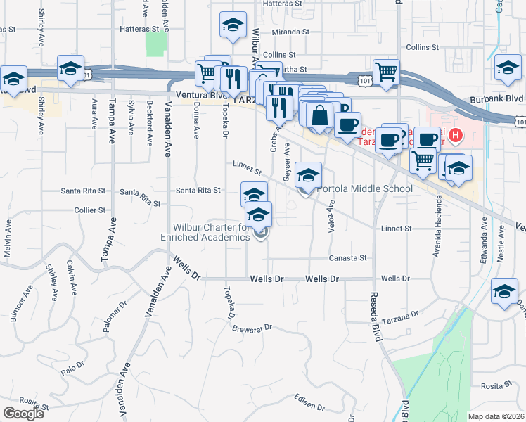 map of restaurants, bars, coffee shops, grocery stores, and more near 5274 Crebs Avenue in Los Angeles
