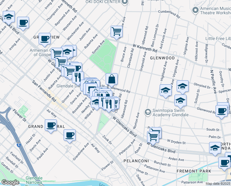 map of restaurants, bars, coffee shops, grocery stores, and more near 1250 Bruce Avenue in Glendale