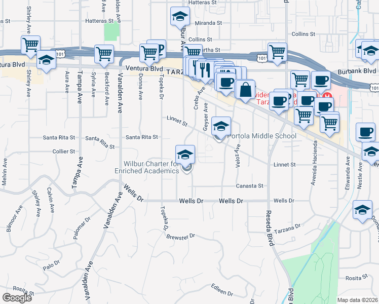 map of restaurants, bars, coffee shops, grocery stores, and more near 5274 Crebs Avenue in Los Angeles