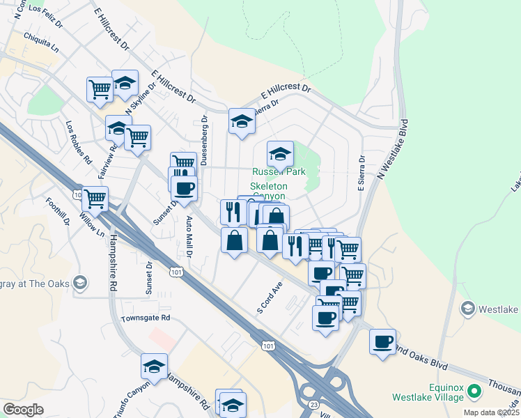 map of restaurants, bars, coffee shops, grocery stores, and more near 3355 Blue Ridge Court in Thousand Oaks