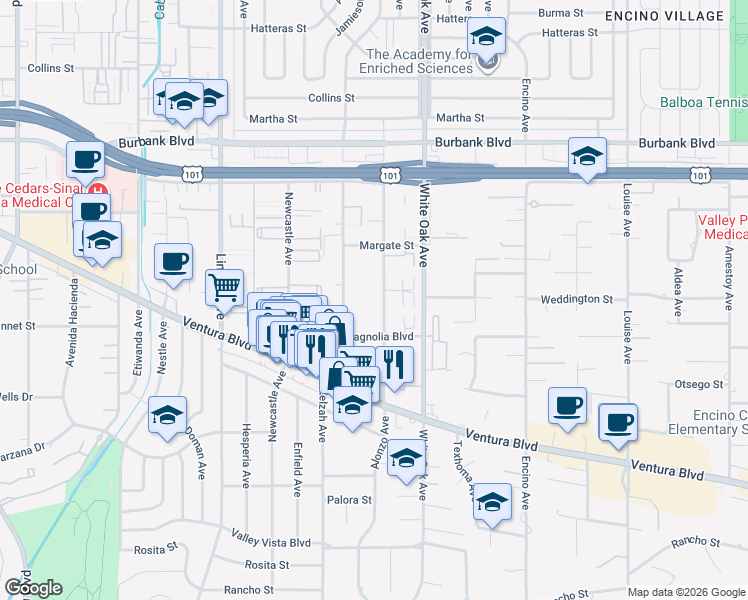 map of restaurants, bars, coffee shops, grocery stores, and more near 5243 Yarmouth Avenue in Los Angeles