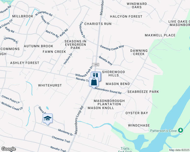 map of restaurants, bars, coffee shops, grocery stores, and more near 4015 Masonboro Loop Road in Wilmington