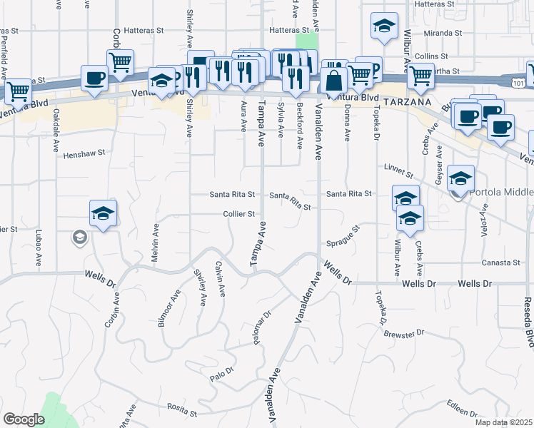 map of restaurants, bars, coffee shops, grocery stores, and more near 5234 Tampa Avenue in Los Angeles