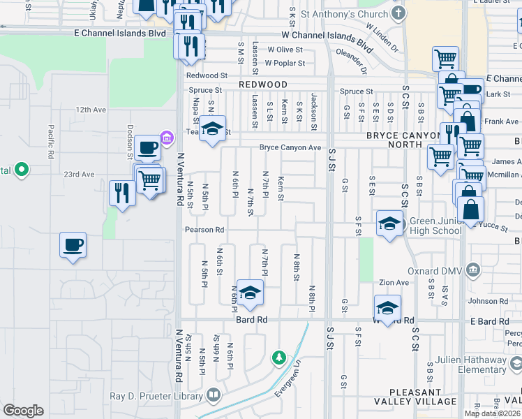 map of restaurants, bars, coffee shops, grocery stores, and more near 1735 North 7th Place in Port Hueneme