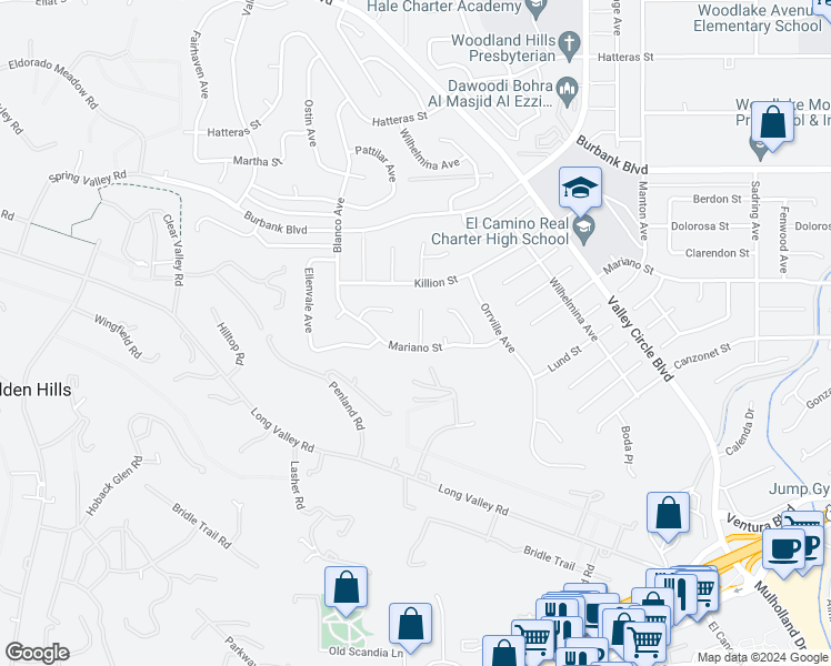 map of restaurants, bars, coffee shops, grocery stores, and more near 5311 Lockhurst Drive in Los Angeles