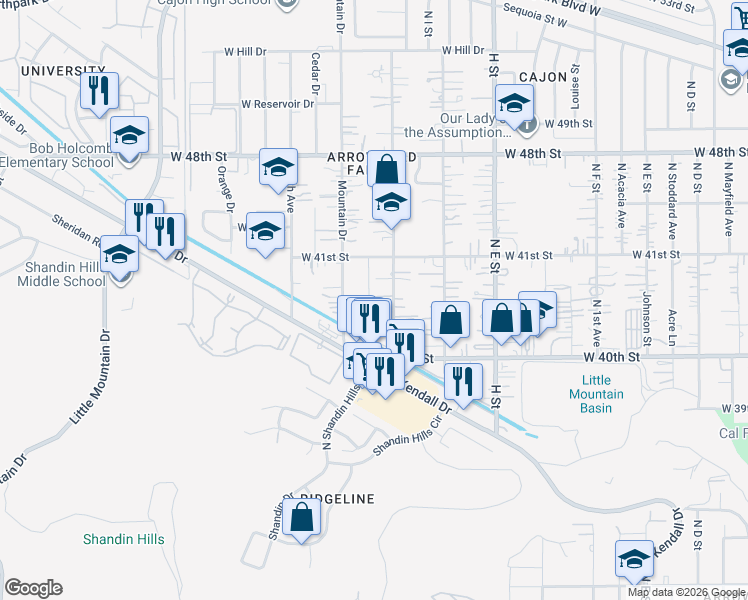map of restaurants, bars, coffee shops, grocery stores, and more near 4044 North 3rd Avenue in San Bernardino County