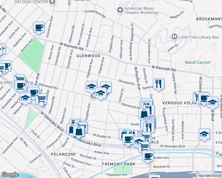 map of restaurants, bars, coffee shops, grocery stores, and more near 651 Glenwood Road in Glendale