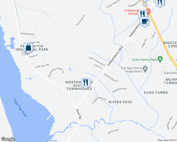 map of restaurants, bars, coffee shops, grocery stores, and more near 4140 Independence Boulevard in Wilmington
