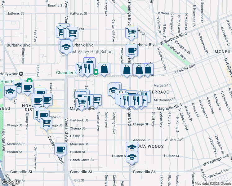 map of restaurants, bars, coffee shops, grocery stores, and more near 5263 Cartwright Avenue in Los Angeles