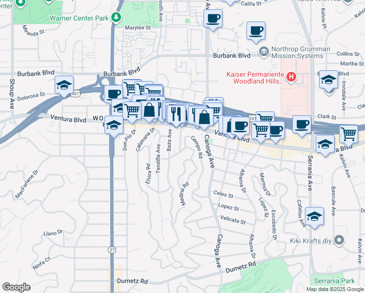 map of restaurants, bars, coffee shops, grocery stores, and more near 5355 Campo Road in Los Angeles
