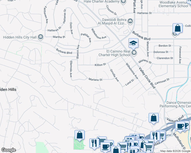 map of restaurants, bars, coffee shops, grocery stores, and more near 5311 Lockhurst Drive in Los Angeles