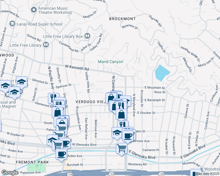 map of restaurants, bars, coffee shops, grocery stores, and more near 1405 North Central Avenue in Glendale
