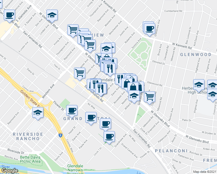 map of restaurants, bars, coffee shops, grocery stores, and more near 1069 Grover Avenue in Glendale