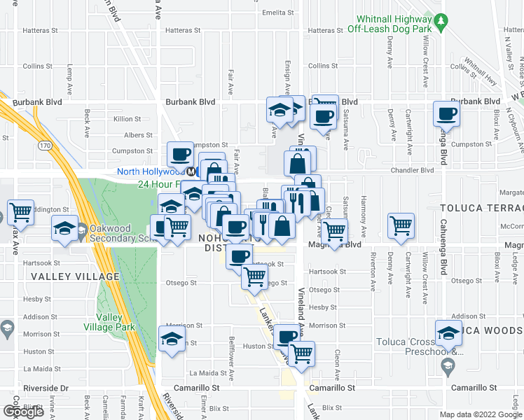 map of restaurants, bars, coffee shops, grocery stores, and more near 11061 Weddington Street in Los Angeles