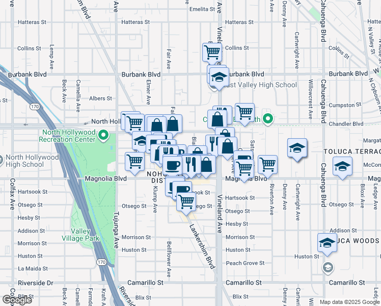 map of restaurants, bars, coffee shops, grocery stores, and more near 11061 Weddington Street in Los Angeles