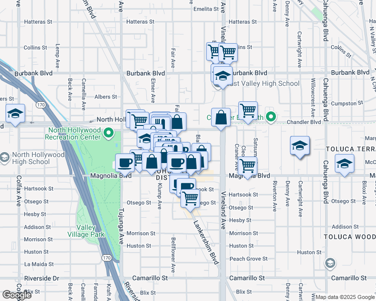 map of restaurants, bars, coffee shops, grocery stores, and more near 11133 Weddington Street in Los Angeles