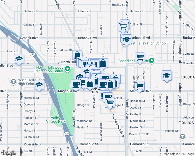 map of restaurants, bars, coffee shops, grocery stores, and more near 5250 Lankershim Boulevard in Los Angeles