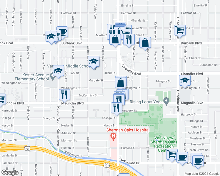 map of restaurants, bars, coffee shops, grocery stores, and more near 14553 Weddington Street in Los Angeles