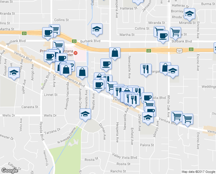 map of restaurants, bars, coffee shops, grocery stores, and more near 5292 Lindley Avenue in Los Angeles