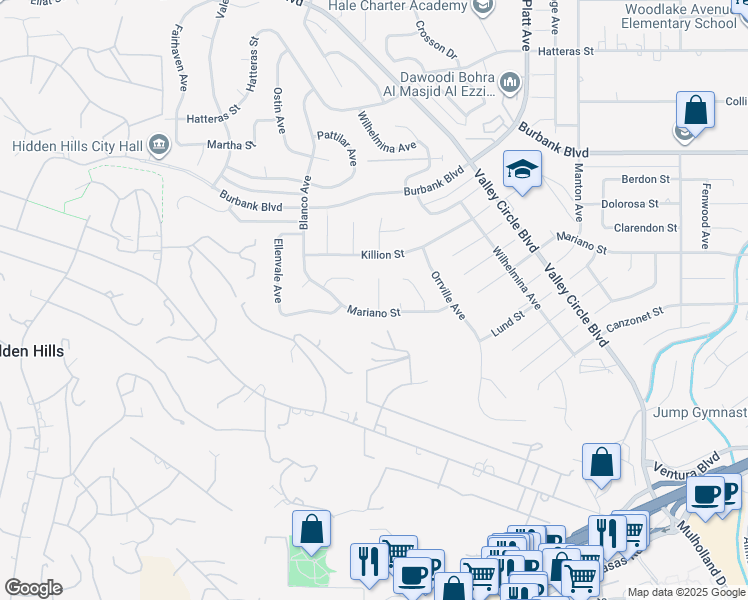 map of restaurants, bars, coffee shops, grocery stores, and more near 24106 Albers Street in Los Angeles
