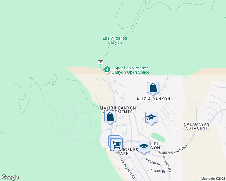 map of restaurants, bars, coffee shops, grocery stores, and more near 5952-5984 Las Virgenes Road in Calabasas
