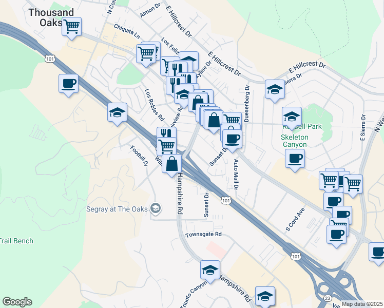 map of restaurants, bars, coffee shops, grocery stores, and more near 201 Hampshire Road in Thousand Oaks
