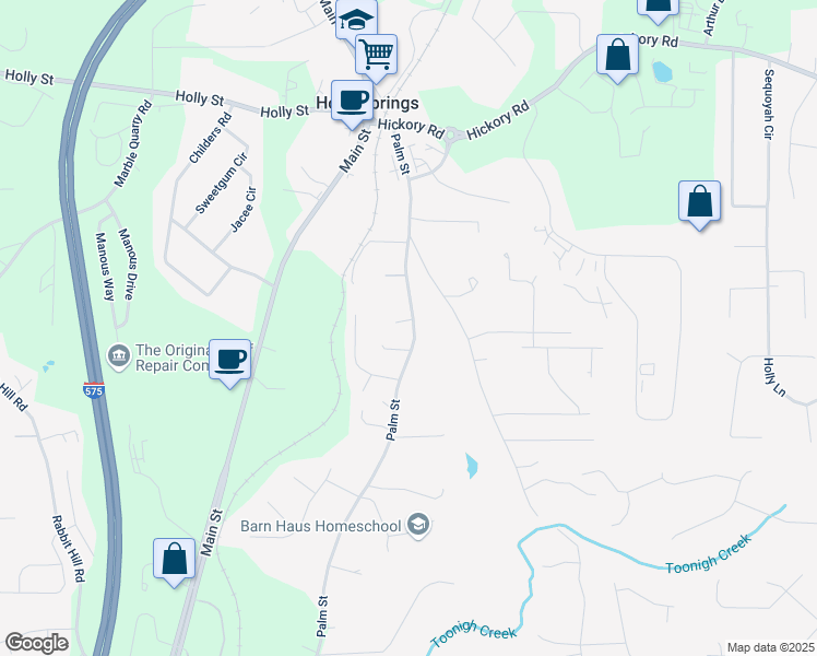 map of restaurants, bars, coffee shops, grocery stores, and more near 554 Palm Street in Holly Springs
