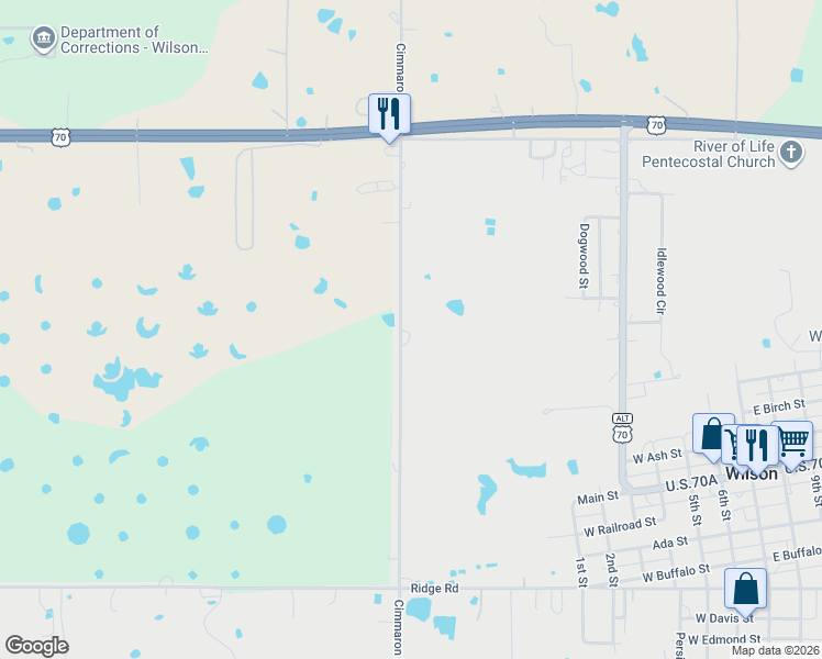 map of restaurants, bars, coffee shops, grocery stores, and more near 1550 Cimmaron Road in Wilson