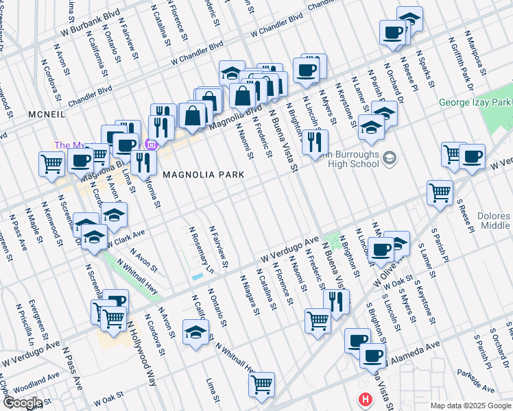 map of restaurants, bars, coffee shops, grocery stores, and more near 524 North Florence Street in Burbank