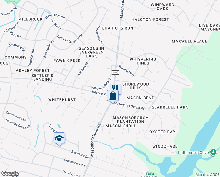 map of restaurants, bars, coffee shops, grocery stores, and more near 4006 Masonboro Loop Road in Wilmington