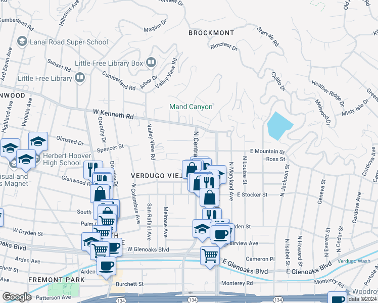 map of restaurants, bars, coffee shops, grocery stores, and more near 1401 North Central Avenue in Glendale