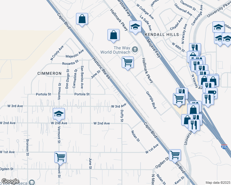 map of restaurants, bars, coffee shops, grocery stores, and more near 4080 Cajon Boulevard in Muscoy