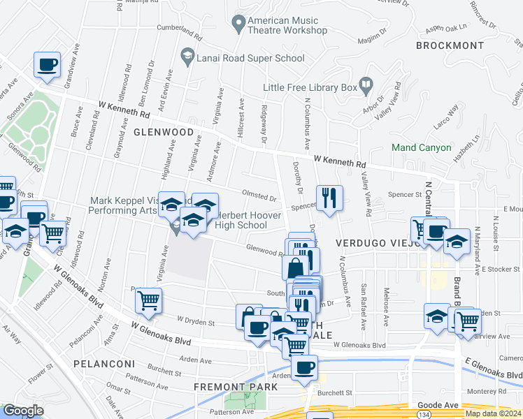 map of restaurants, bars, coffee shops, grocery stores, and more near 529 Spencer Street in Glendale