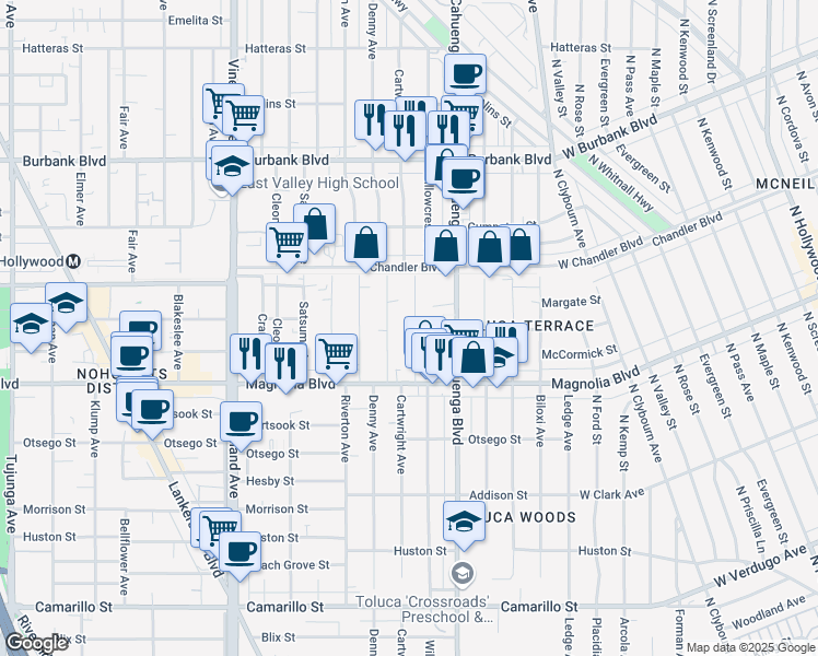 map of restaurants, bars, coffee shops, grocery stores, and more near 5309 Cartwright Avenue in Los Angeles