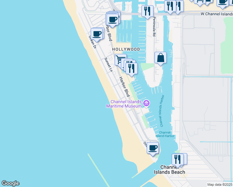 map of restaurants, bars, coffee shops, grocery stores, and more near 3629 Ocean Drive in Oxnard