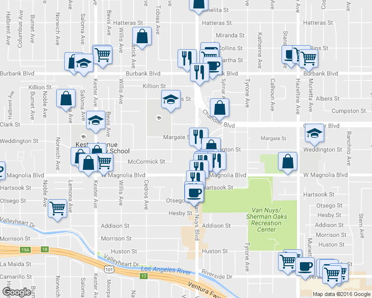 map of restaurants, bars, coffee shops, grocery stores, and more near 14523 Weddington Street in Los Angeles