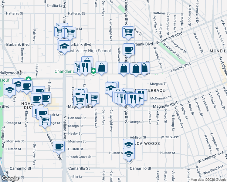 map of restaurants, bars, coffee shops, grocery stores, and more near 5263 Cartwright Avenue in Los Angeles