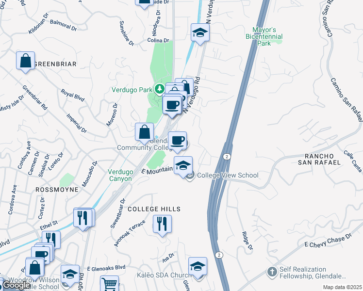 map of restaurants, bars, coffee shops, grocery stores, and more near Vaquero Way in Glendale