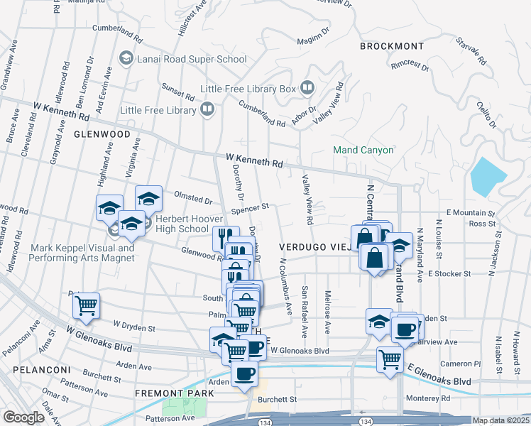 map of restaurants, bars, coffee shops, grocery stores, and more near 408 Spencer Street in Glendale